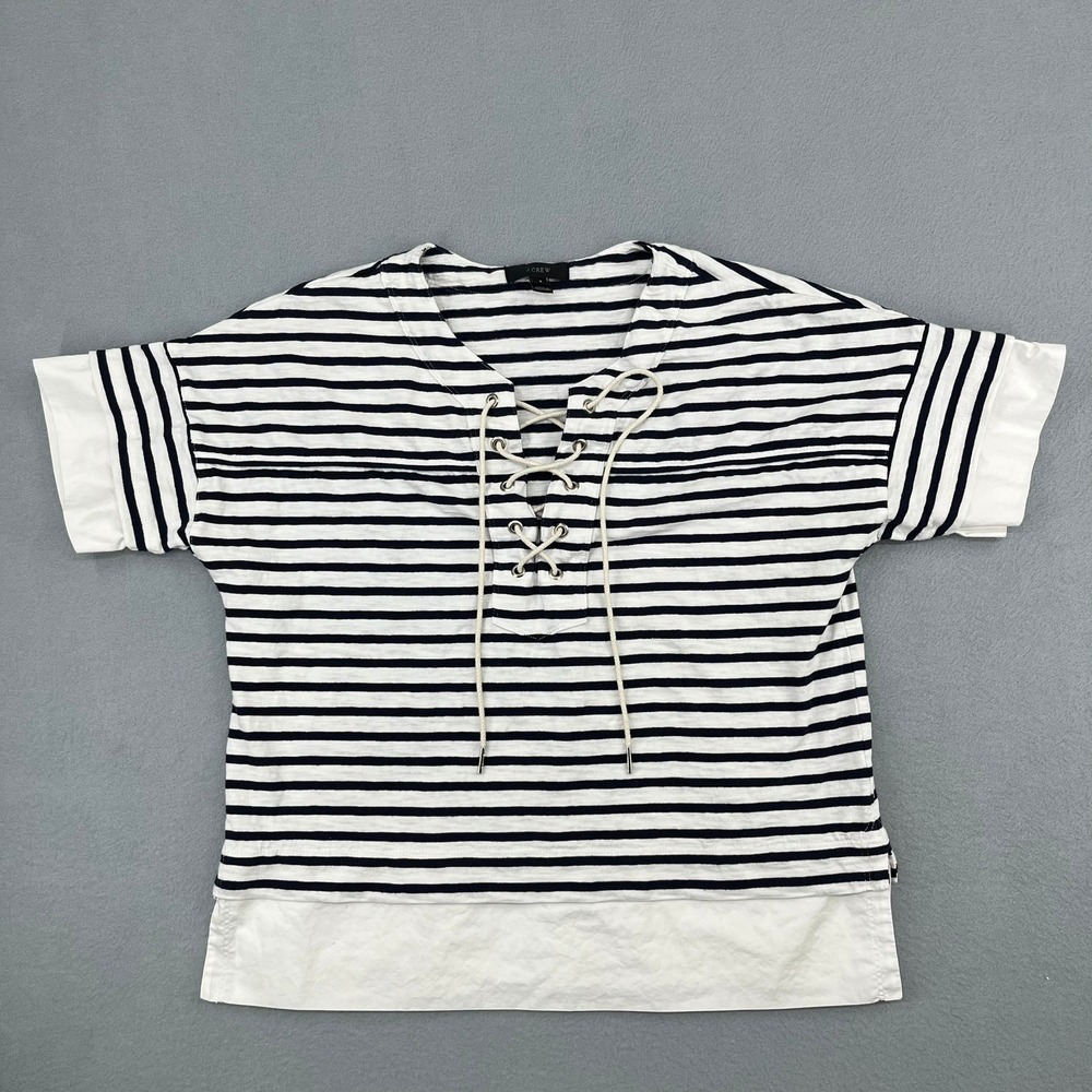J.Crew Womens Striped Lace-Up Short Sleeve Top Navy White Small‎
